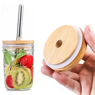Tapa de bambú del tarro de las tapas reutilizables compatibles de la lata de cerveza con Straw Hole