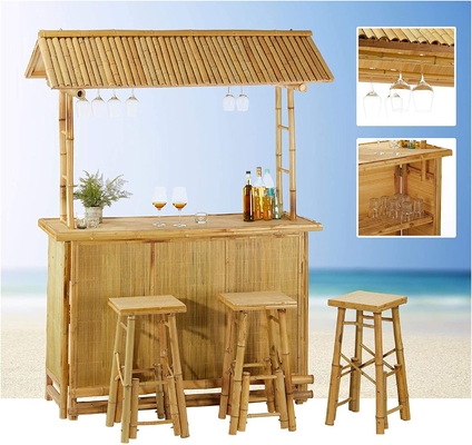 Comerciantes de bambú al aire libre kits de bar Tiki con techo y estante de botellas Bebida, sillas de bambú con respaldo