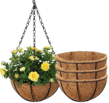 Cesta colgante de metal con forro de coco Cesta colgante de flores con cadena Concha de flores de plantas al aire libre
