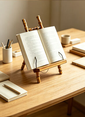 Stand de escritorio de bambú natural con función 3-en-1 para visualización de teléfonos, tabletas y libros sin manos