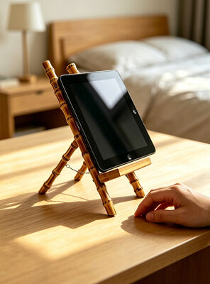Stand de escritorio de bambú natural con función 3-en-1 para visualización de teléfonos, tabletas y libros sin manos