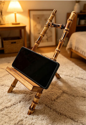 Stand de escritorio de bambú natural con función 3-en-1 para visualización de teléfonos, tabletas y libros sin manos