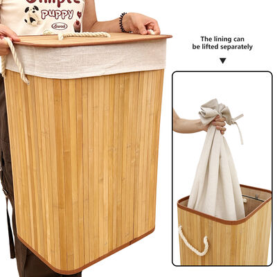 Cesto de lavandería de bambú natural con forro de algodón | Cesta de ropa plegable para almacenamiento en dormitorio y baño